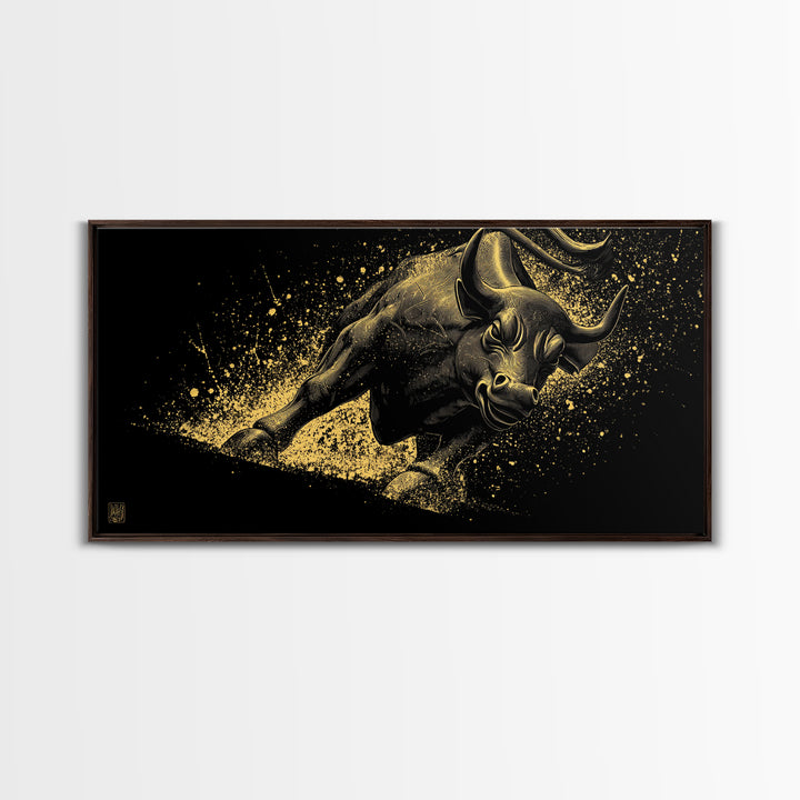 Charging Golden Bull, Gold Canvas Print, Real Wood Frame, Dynamic Animal Wall Art, Powerful Bull Illustration