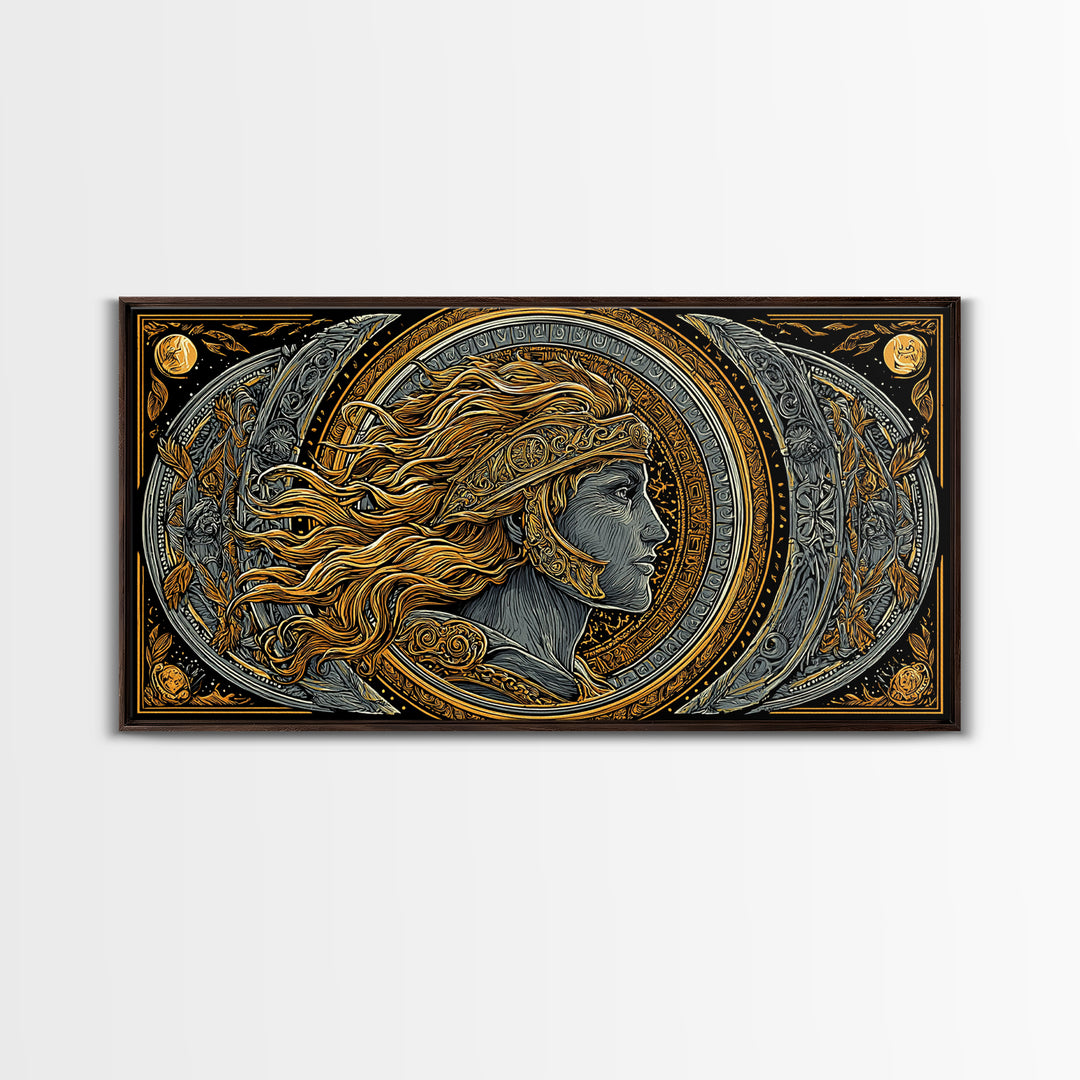 Greek God Profile Illustration, Flowing Hair And Crescent Moons, Gold Canvas Print, Classical Mythology Wall Artwork