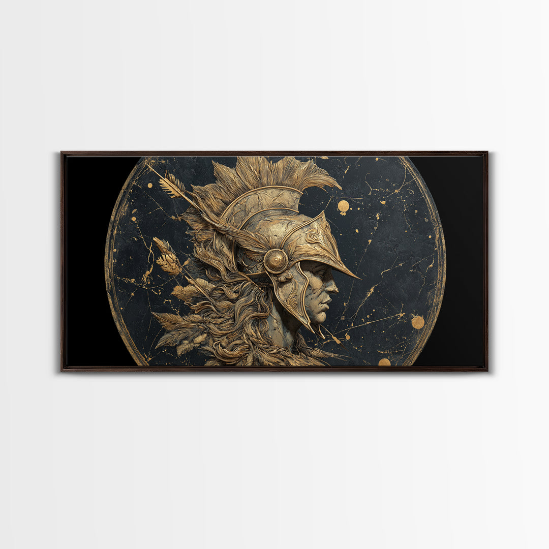Ancient Warrior Profile Sculpture, Greek Helmet And Feathers, Gold Canvas Art, Classical Relief Wall Decor, Heroic Figure Artwork