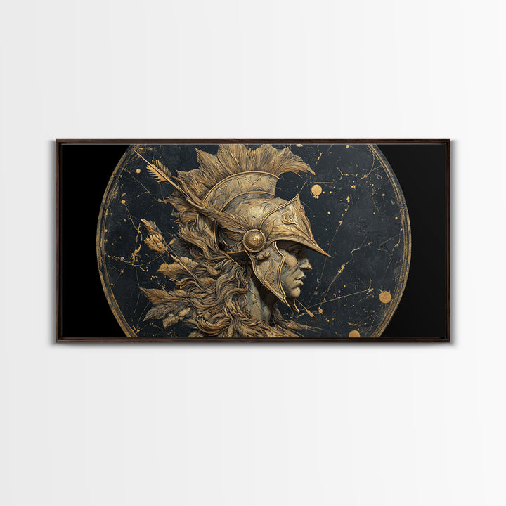 Ancient Warrior Profile Sculpture, Greek Helmet And Feathers, Gold Canvas Art, Classical Relief Wall Decor, Heroic Figure Artwork