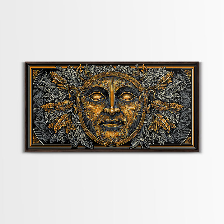 Mythic Sun God Face Artwork, Ornate Leaf And Feather Design, Gold Canvas Print, Ancient Greece Wall Decor, Celestial Art