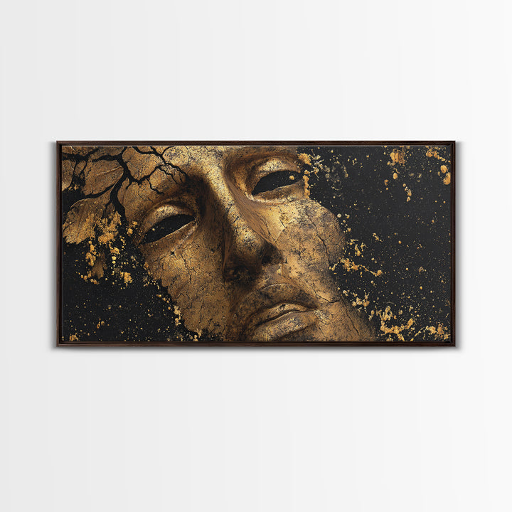 Cracked Golden Face Sculpture, Ancient Greek Mask Artwork, Gold Canvas Art, Classical Wall Decoration, Timeless Antiquity Print