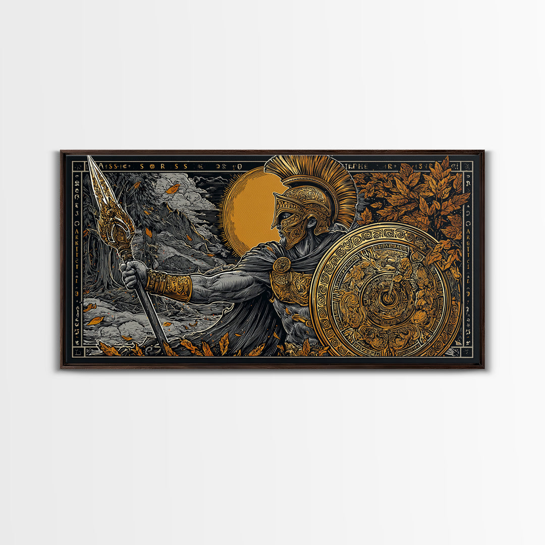 Ares Greek Warrior God With Spear And Shield, Gold Canvas Art, Heroic Mythological Wall Decor, Luxury Classical Home Accent