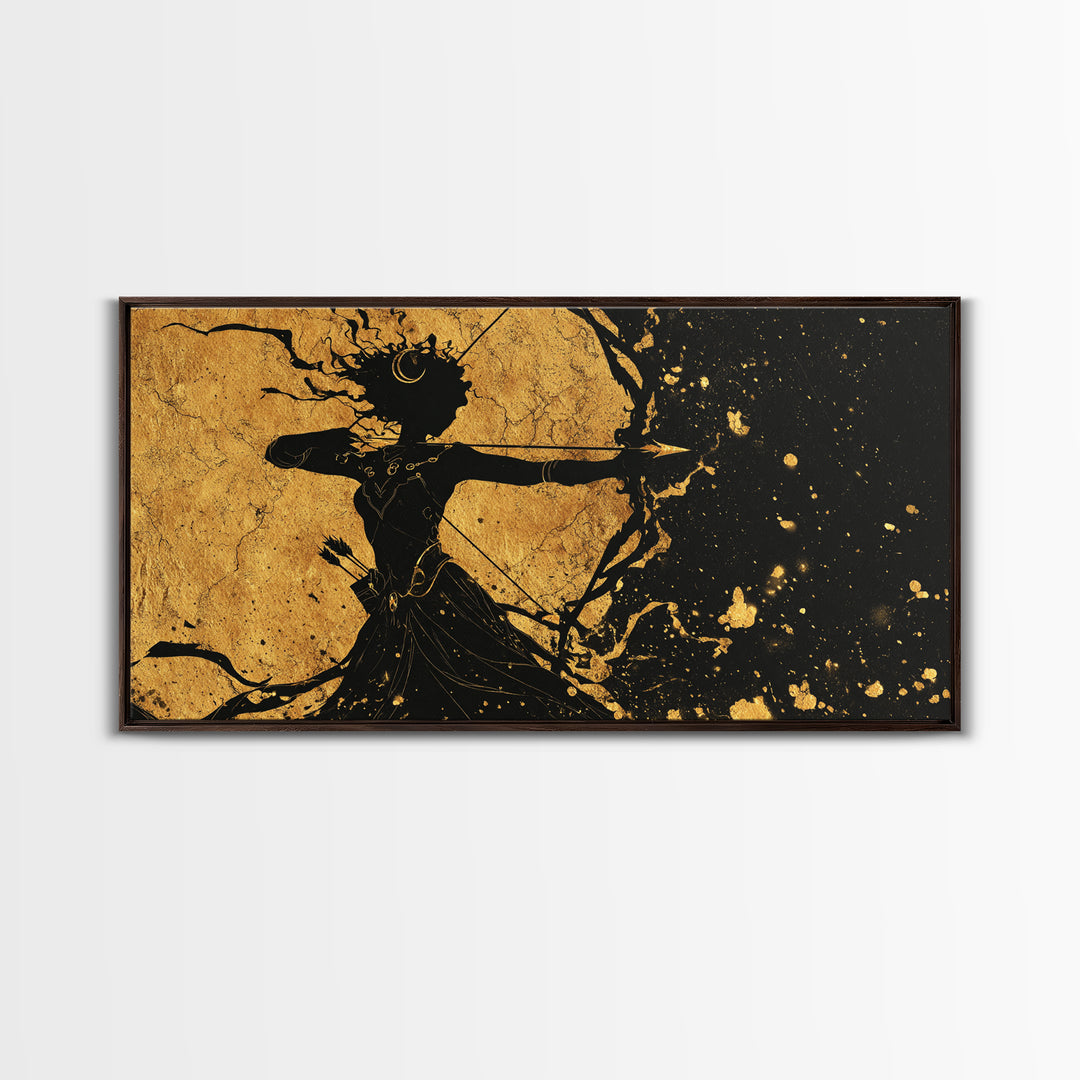 Artemis Goddess Of The Hunt And Moon, Gold Canvas Art, Elegant Greek Mythology Wall Decor, Celestial Classical Home Accent