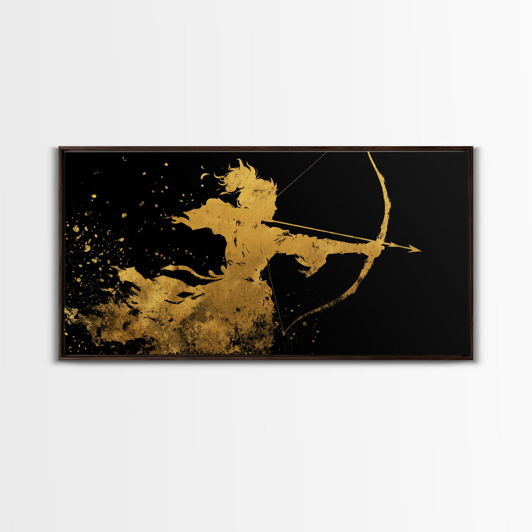 Artemis Greek Huntress Goddess Silhouette, Gold Canvas Print, Moonlit Mythology Wall Art, Elegant Classic Home Design