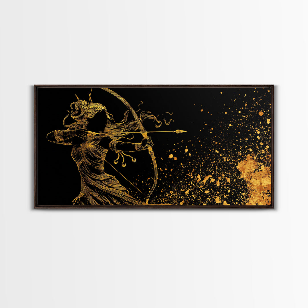 Artemis Greek Goddess Archer Silhouette, Gold Canvas Art, Celestial Mythology Wall Decor, Elegant Classical Home Accent Piece