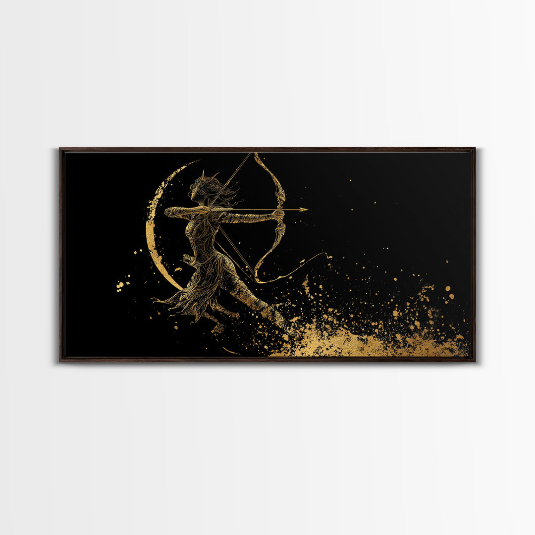 Gold Canvas Art Of Artemis Greek Goddess Archer, Black Background, Elegant Moon And Bow Design, Panoramic Mythology Wall Art