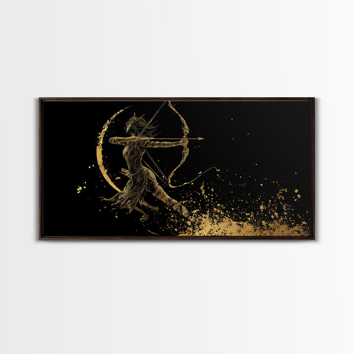 Gold Canvas Art Of Artemis Greek Goddess Archer, Black Background, Elegant Moon And Bow Design, Panoramic Mythology Wall Art