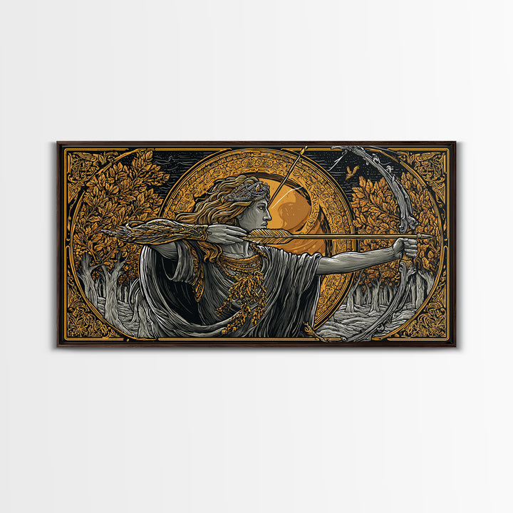Gold Canvas Art Of Artemis Greek Goddess Archer, Classical Ornate Frame, Mythological Forest Scene, Panoramic Greek Wall Print