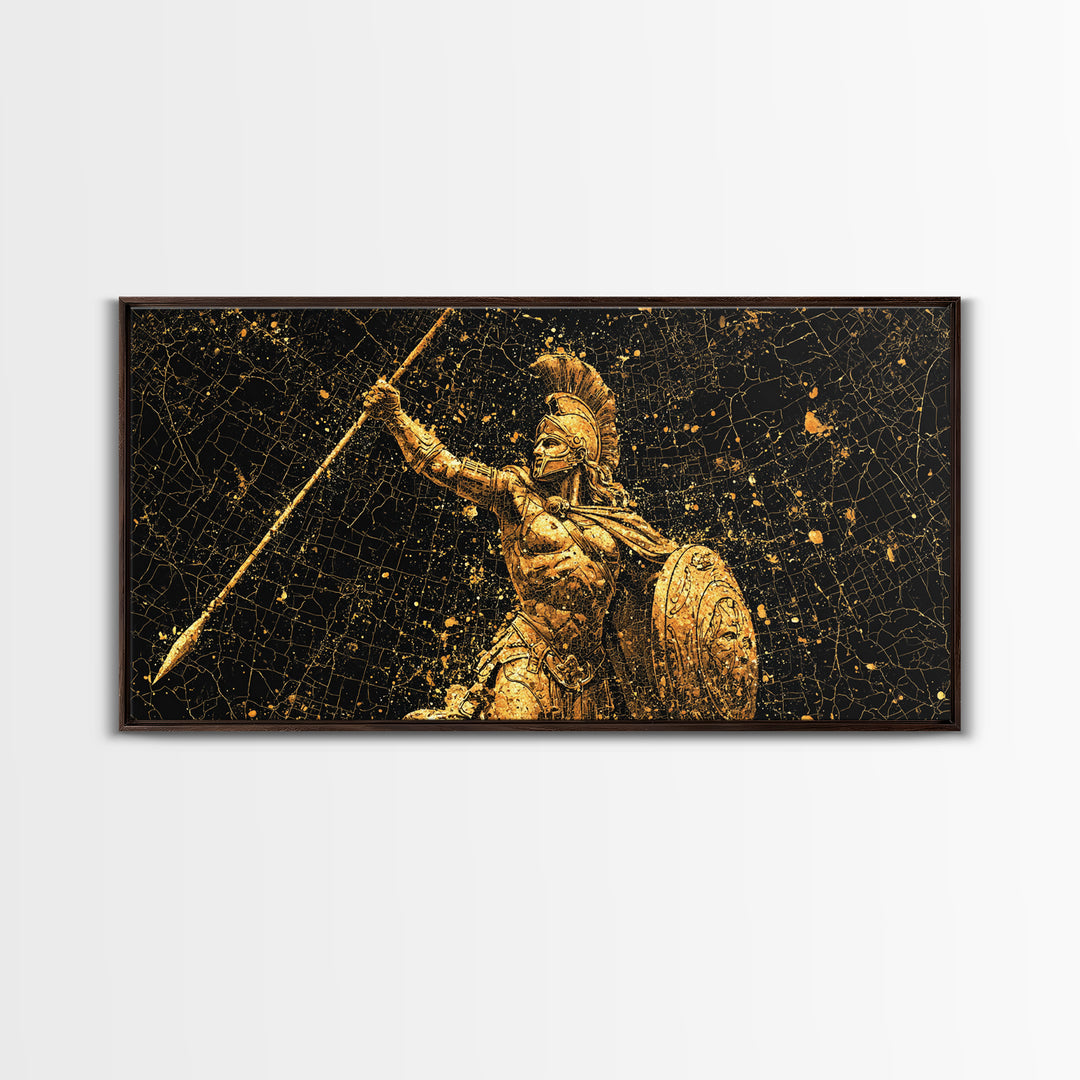 Gold Canvas Art Of Athena Greek Goddess Warrior, Ancient Greek Armor And Spear, Gold Splatter Mosaic, Panoramic Battle Wall Print