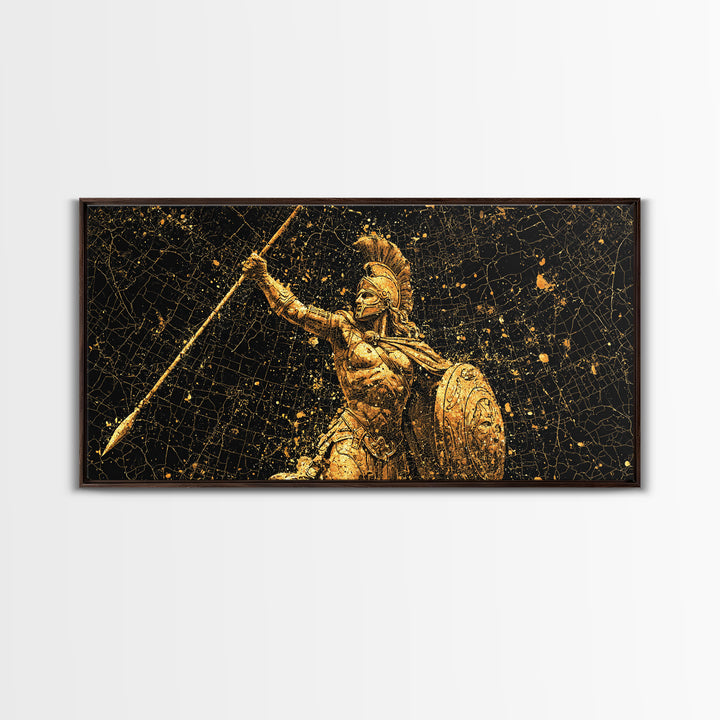 Gold Canvas Art Of Athena Greek Goddess Warrior, Ancient Greek Armor And Spear, Gold Splatter Mosaic, Panoramic Battle Wall Print