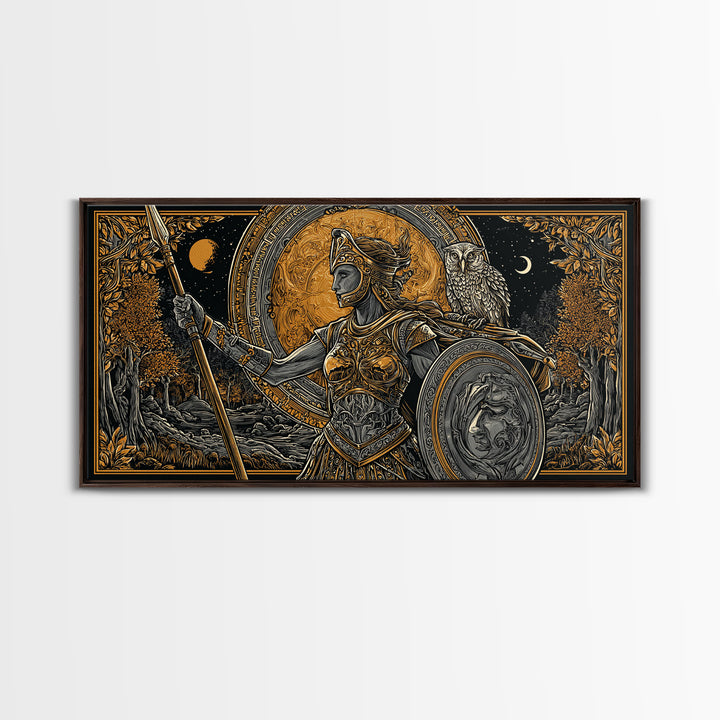 Gold Canvas Print Of Athena Greek Goddess Warrior, Ornate Armor And Owl, Mythology Forest Scene, Panoramic Greek Wall Decor