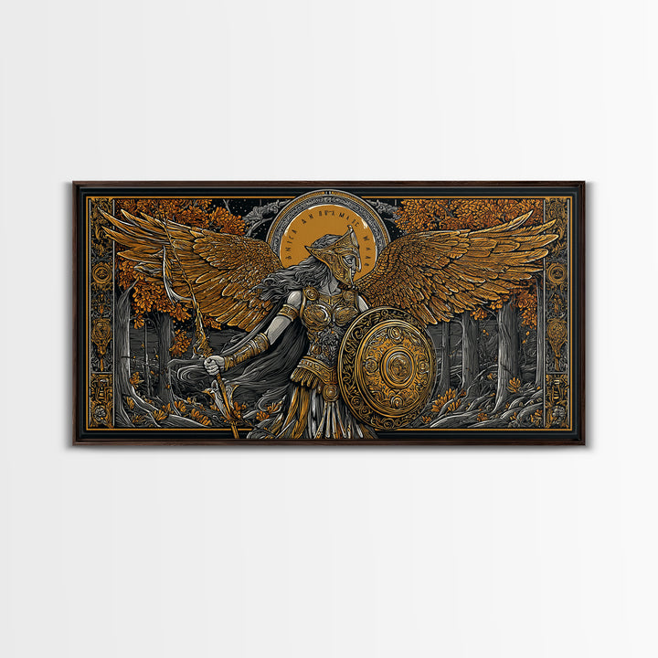 Gold Canvas Art Of Athena Greek Goddess Warrior With Wings, Detailed Shield And Spear, Golden Forest Scene, Panoramic Wall Print