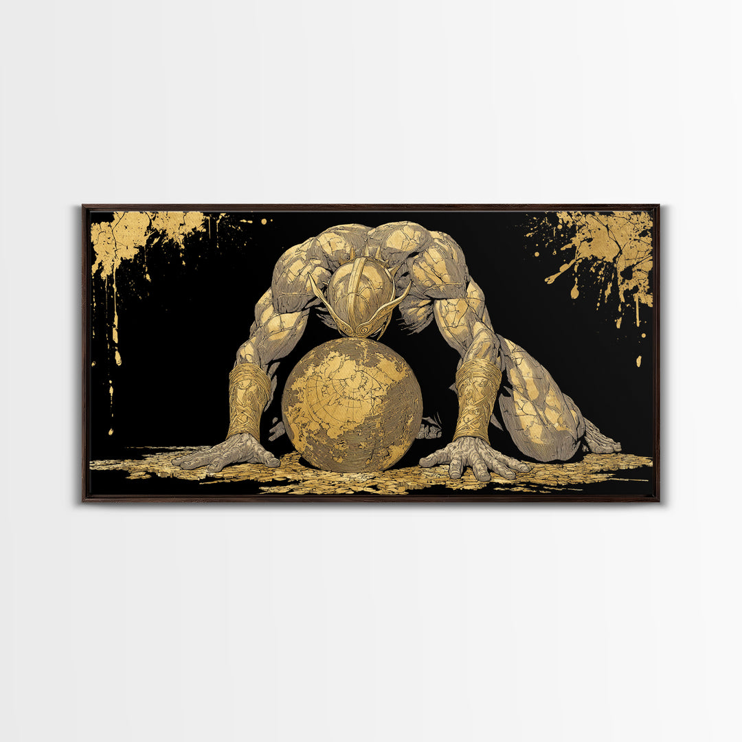 Gold Canvas Art Of Atlas Greek Titan Bearing The World, Gold Crackle Effect, Mythology Strength Scene, Panoramic Ancient Wall Print