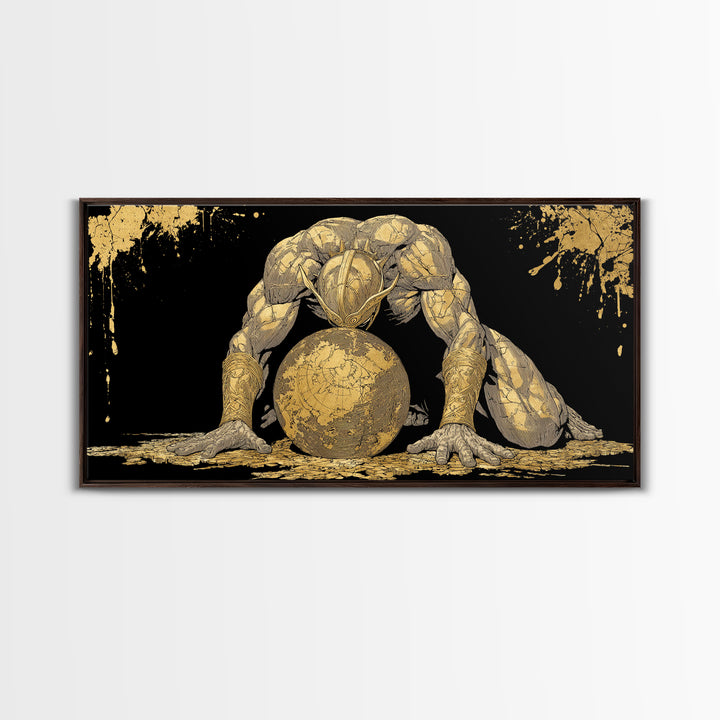 Gold Canvas Art Of Atlas Greek Titan Bearing The World, Gold Crackle Effect, Mythology Strength Scene, Panoramic Ancient Wall Print