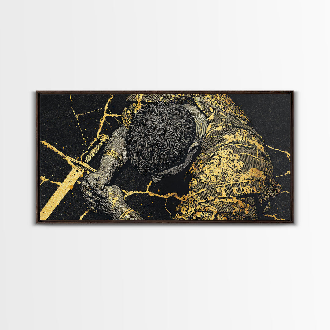 Gold Canvas Print Of Cassius Greek Warrior Kneeling With Sword, Gold Crackle Armor Detail, Panoramic Mythology Wall Artwork