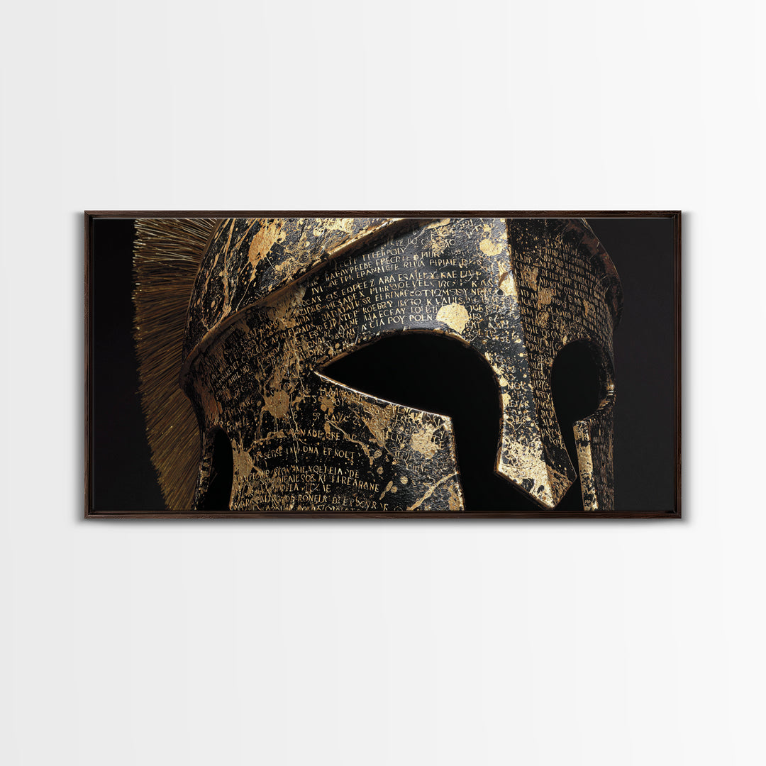 Gold Canvas Print, Corinthian Greek Helmet, Ancient Warrior Armor Wall Art, Black and Gold Historical Decor, Mythic Design