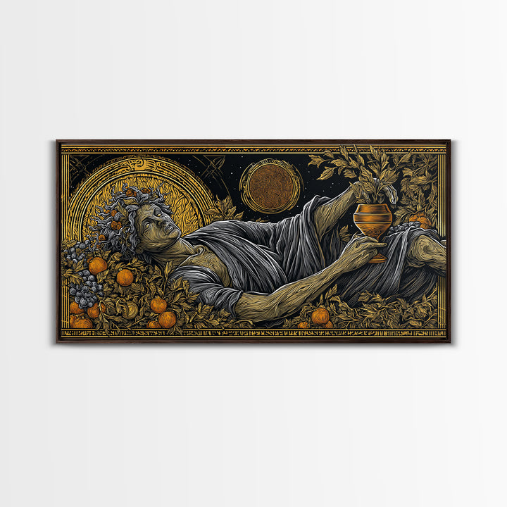 Gold Canvas Art, Dionysus God of Revelry, Greek Mythology Wall Art, Bacchus Celebration Scene, Black and Gold Luxury Canvas Print