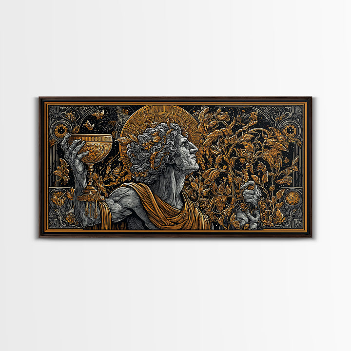 Gold Canvas Art, Dionysus God of Ecstasy, Greek Mythology Wall Scene, Bacchanalia Festival Theme, Black and Gold Canvas Wall Print