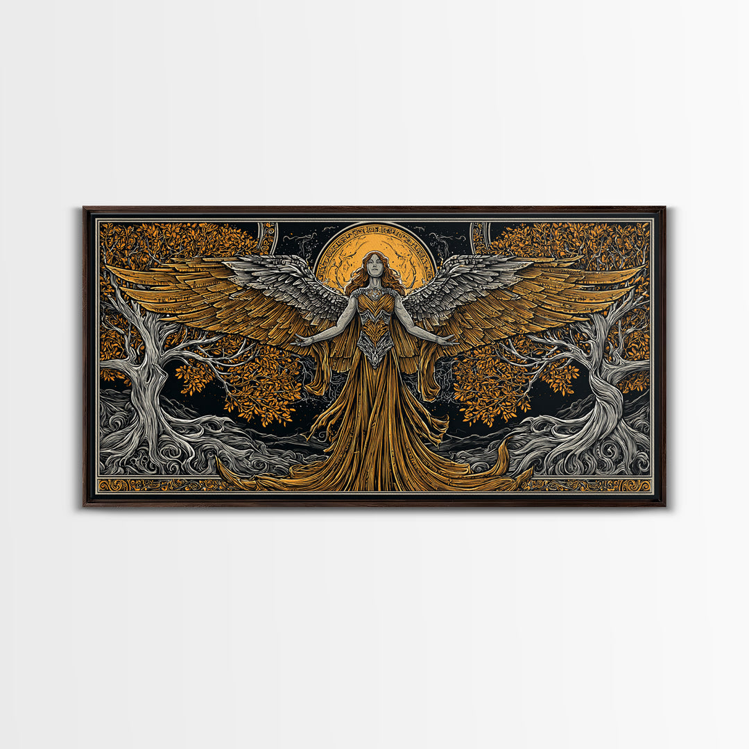 Gold Canvas Print, Eos Goddess of Dawn, Greek Mythology Wall Art, Sunrise Personification Scene, Black and Gold Luxury Decor