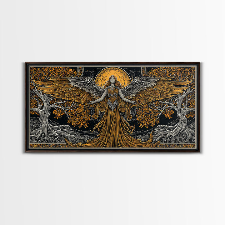 Gold Canvas Print, Eos Goddess of Dawn, Greek Mythology Wall Art, Sunrise Personification Scene, Black and Gold Luxury Decor