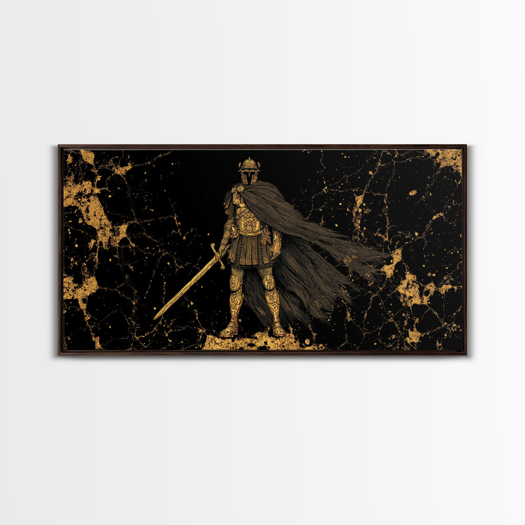 Flavius Gold Canvas Print, Roman Warrior Wall Art, Ancient Soldier Decor, Real Wood Frame, Luxury Canvas Artwork For Office