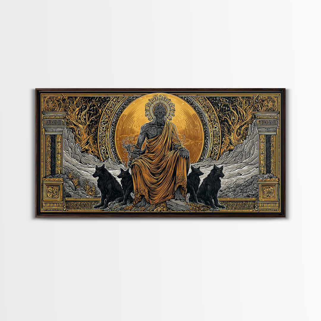 Hades Gold Canvas Print, Greek God Of Underworld Wall Art, Cerberus Mythology Decor, Real Wood Frame, Luxury Canvas Wall Hanging