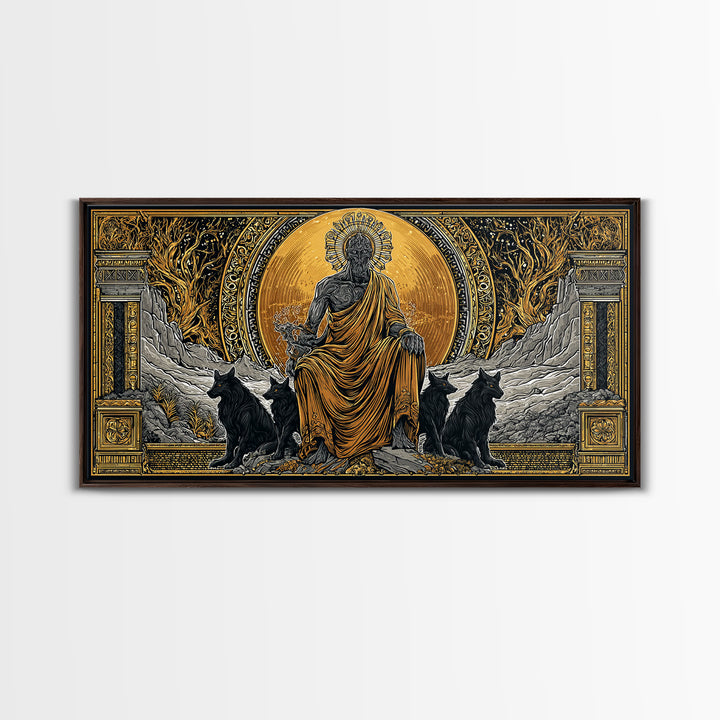 Hades Gold Canvas Print, Greek God Of Underworld Wall Art, Cerberus Mythology Decor, Real Wood Frame, Luxury Canvas Wall Hanging