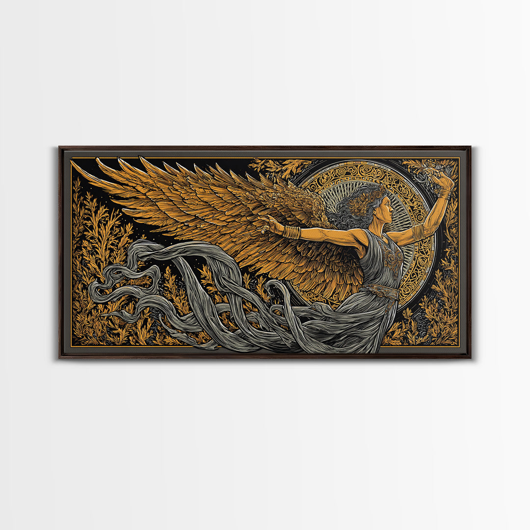 Nike Gold Canvas Print, Greek Goddess Wall Art, Luxury Mythology Decor, Real Wood Frame Artwork, Elegant Gold Winged Art