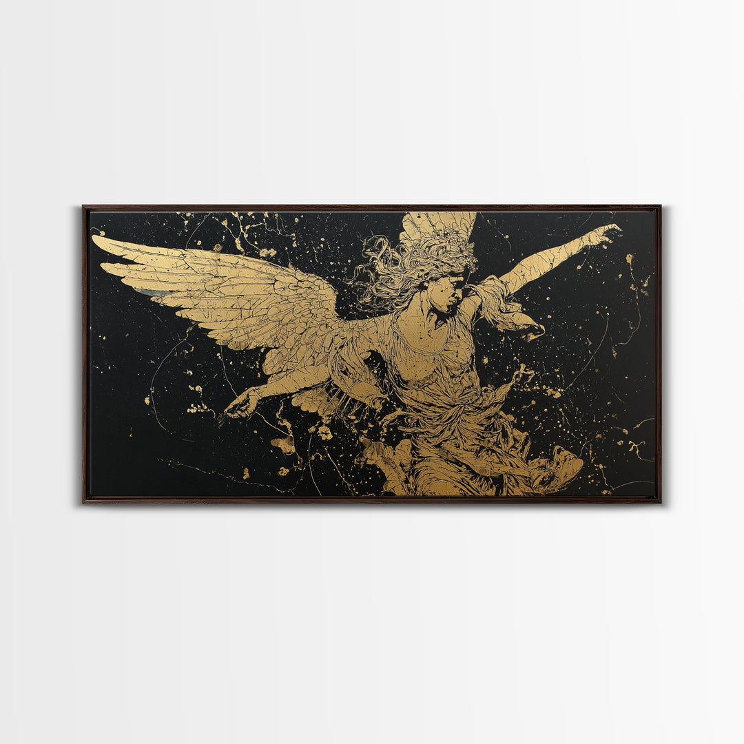 Nike Gold Canvas Art, Greek Goddess Wall Decor, Luxury Mythology Wall Hanging, Real Wood Frame Print, Gold Winged Figure Artwork