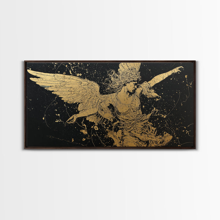 Nike Gold Canvas Art, Greek Goddess Wall Decor, Luxury Mythology Wall Hanging, Real Wood Frame Print, Gold Winged Figure Artwork