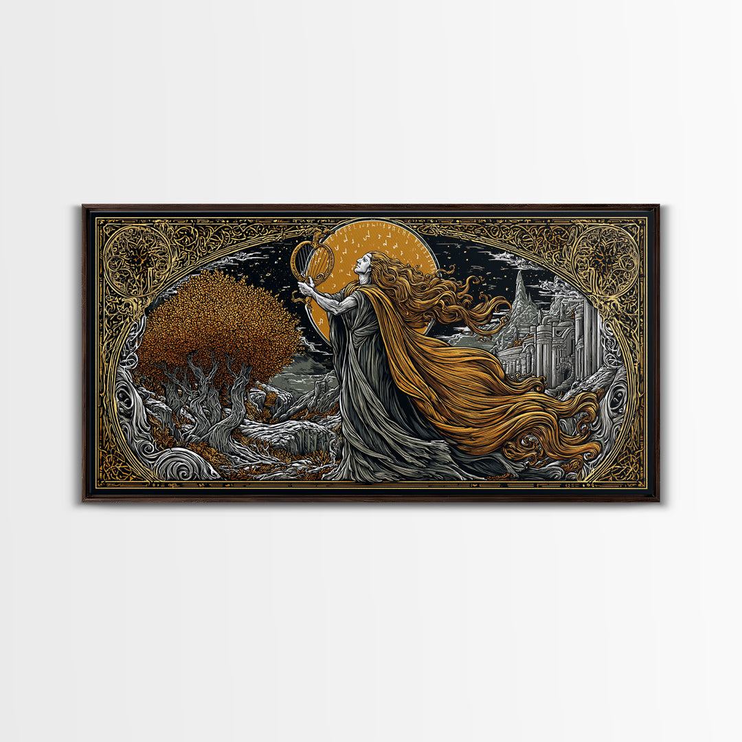 Orpheus Gold Canvas Art, Greek God Wall Decor, Luxury Mythology Wall Hanging, Real Wood Frame Print, Elegant Lyre Musician Wall Art
