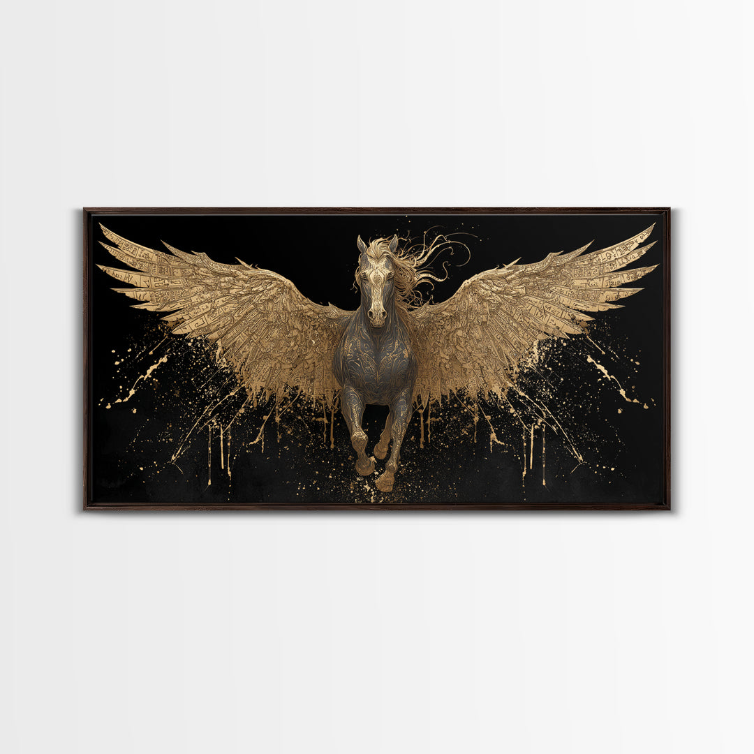Pegasus Gold Canvas Print, Greek Mythology Wall Art, Luxury Flying Horse Decor, Real Wood Frame Artwork, Elegant Winged Stallion