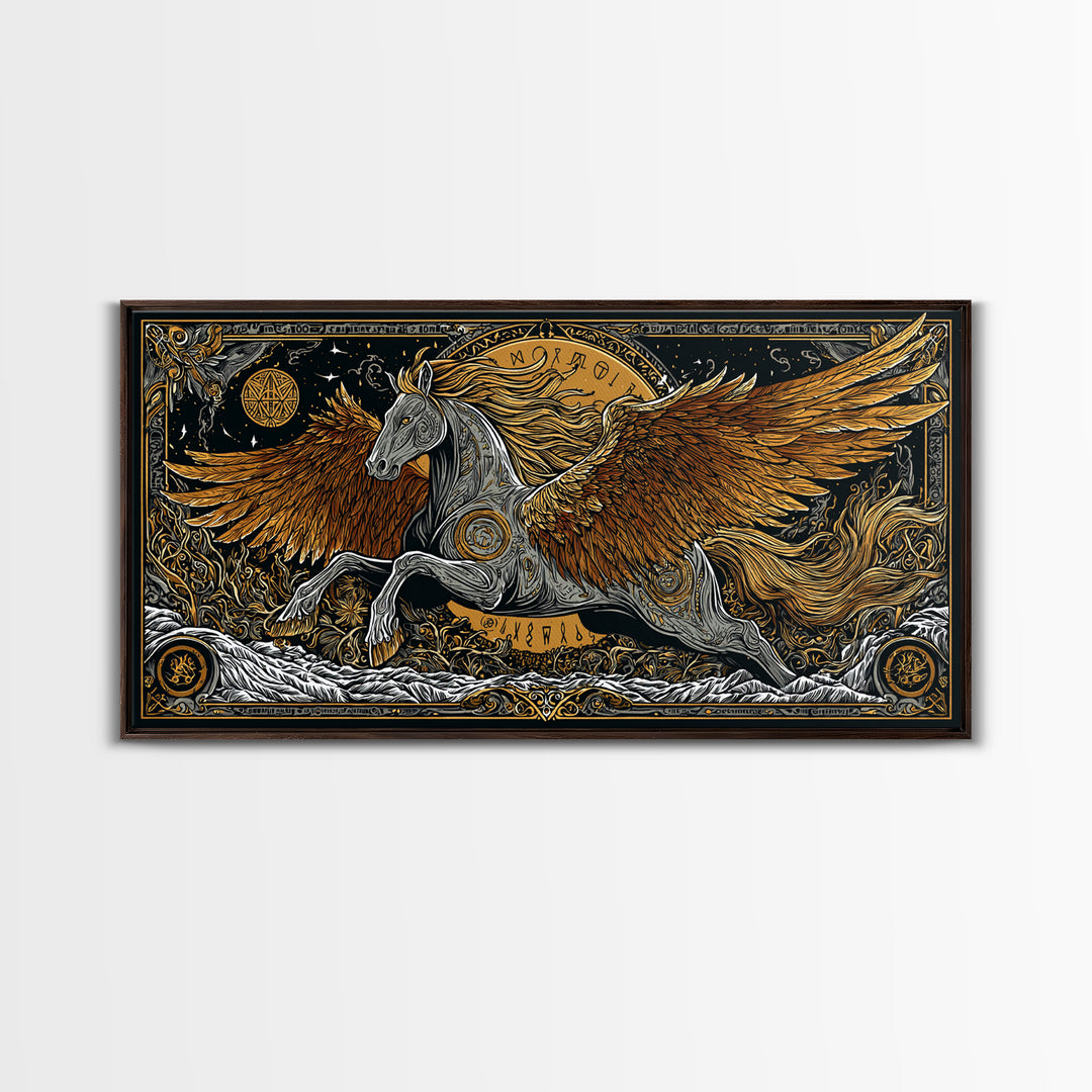Pegasus Gold Canvas Art, Greek Mythology Wall Decor, Luxury Flying Horse Wall Hanging, Real Wood Frame Print, Elegant Winged Stallion