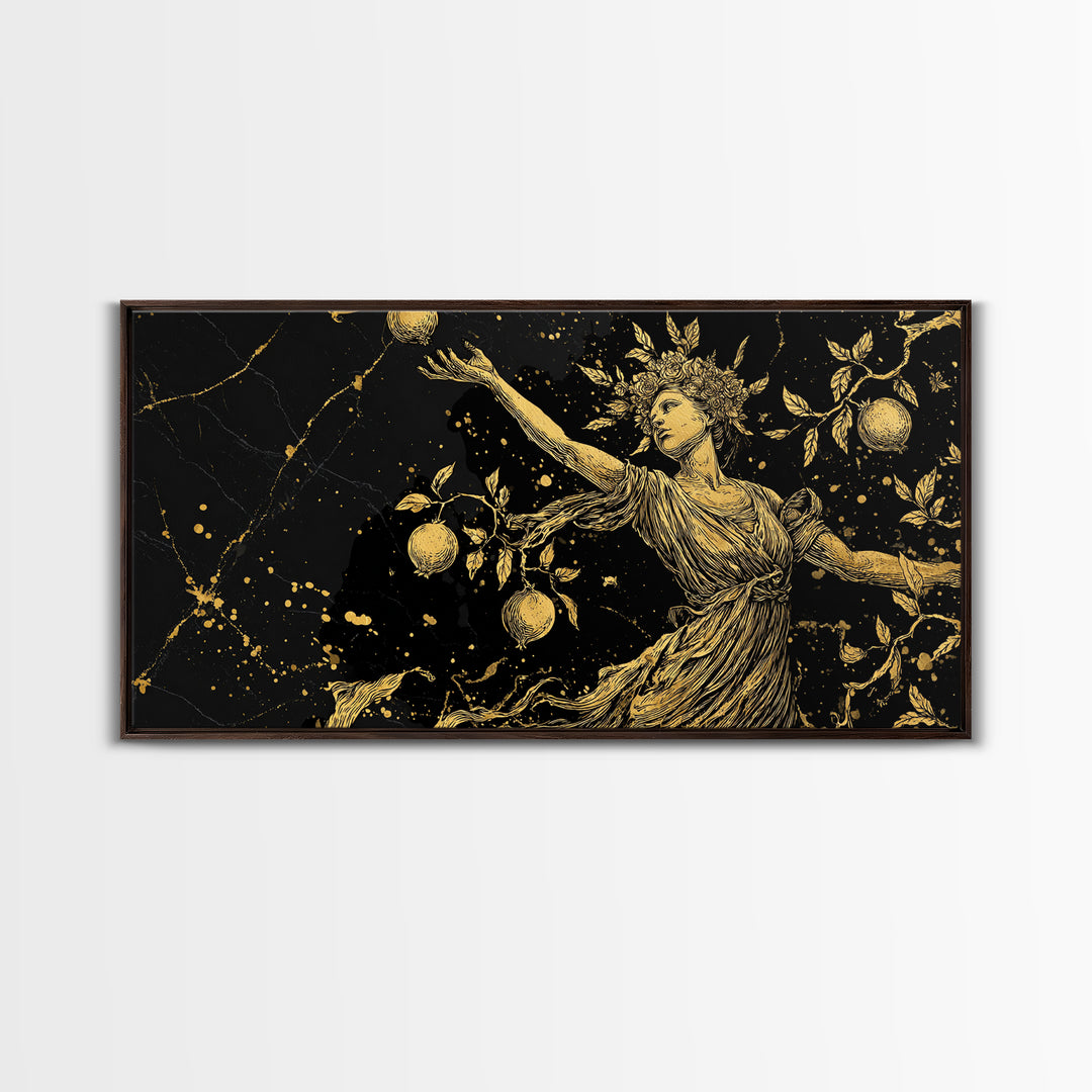 Persephone Gold Canvas Print, Greek Goddess Wall Art, Luxury Mythology Decor, Real Wood Frame Artwork, Elegant Harvest Goddess
