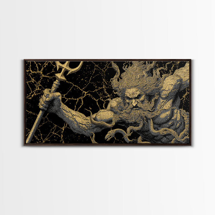 Poseidon Greek God Of The Sea Gold Canvas Print, Mythology Wall Art, Real Wood Frame, Ocean Decor, Nautical Gift