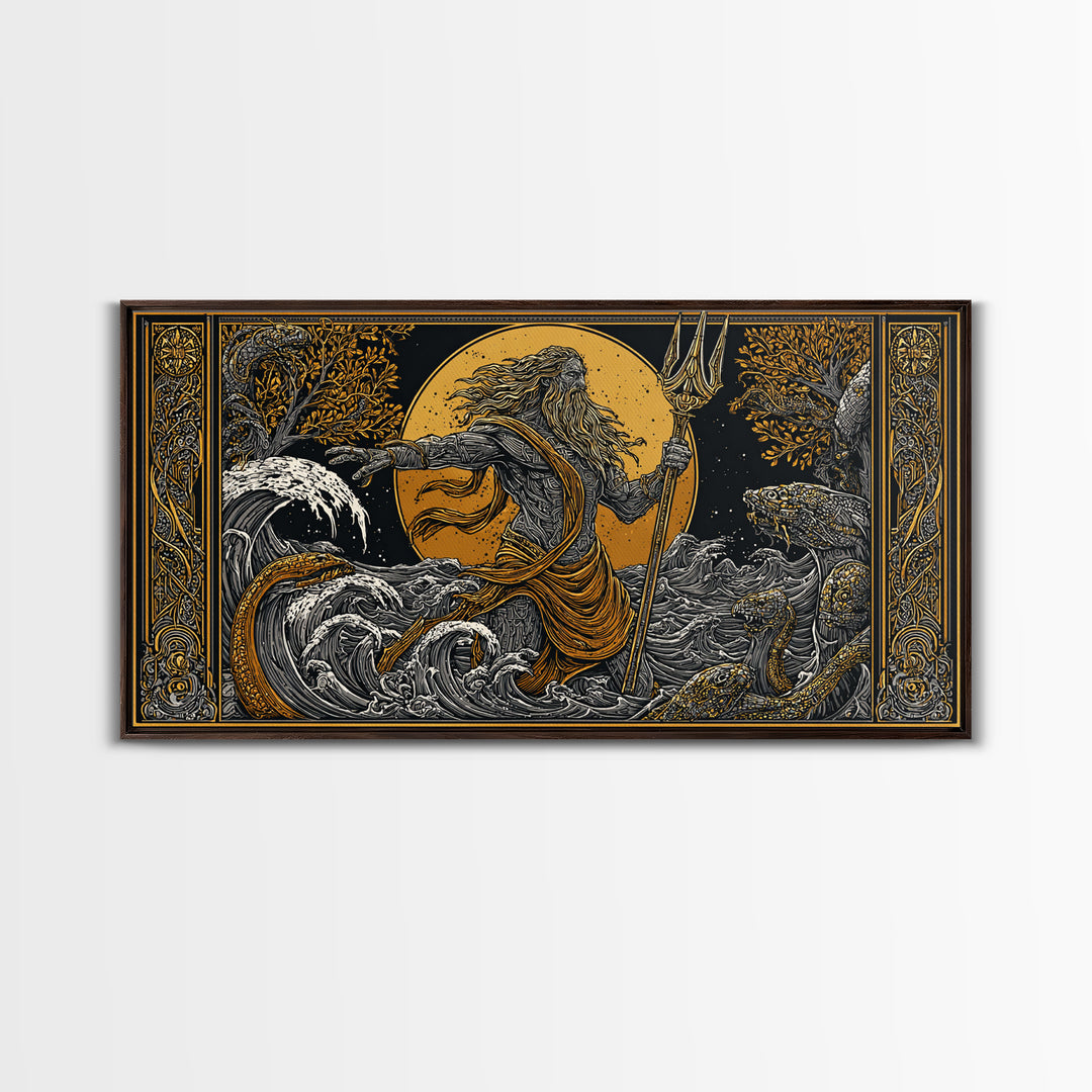 Poseidon Ocean Power Gold Canvas Art, Greek God Canvas Print, Sea Mythology Wall Decor, Real Wood Frame, Coastal Gift