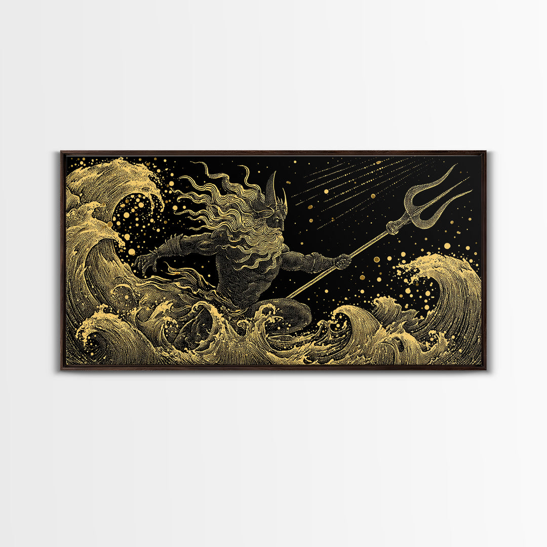 Poseidon Sea Serpent Battle Gold Canvas Print, Greek Mythology Wall Art, Real Wood Frame, Ocean Lover Gift