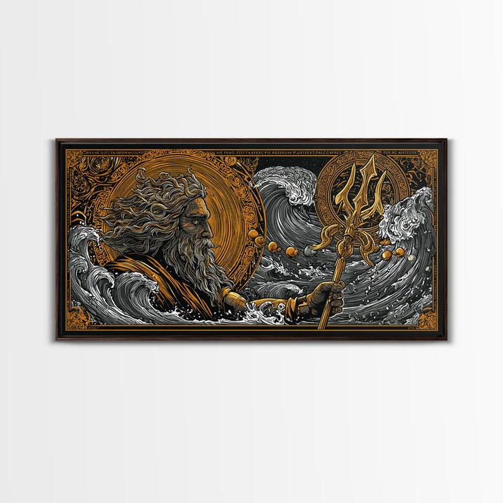 Poseidon Ocean Waves Gold Canvas Art, Greek God Canvas Print, Sea Mythology Wall Decor, Real Wood Frame, Nautical Gift