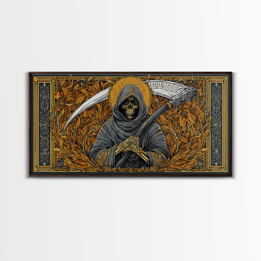 Thanatos Gold Canvas Print, Real Wood Framed Greek Myth Wall Art, Grim Reaper Death Figure Decorative Canvas Artwork