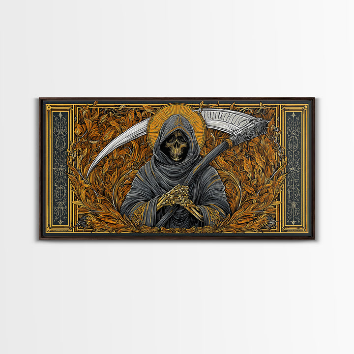 Thanatos Gold Canvas Print, Real Wood Framed Greek Myth Wall Art, Grim Reaper Death Figure Decorative Canvas Artwork