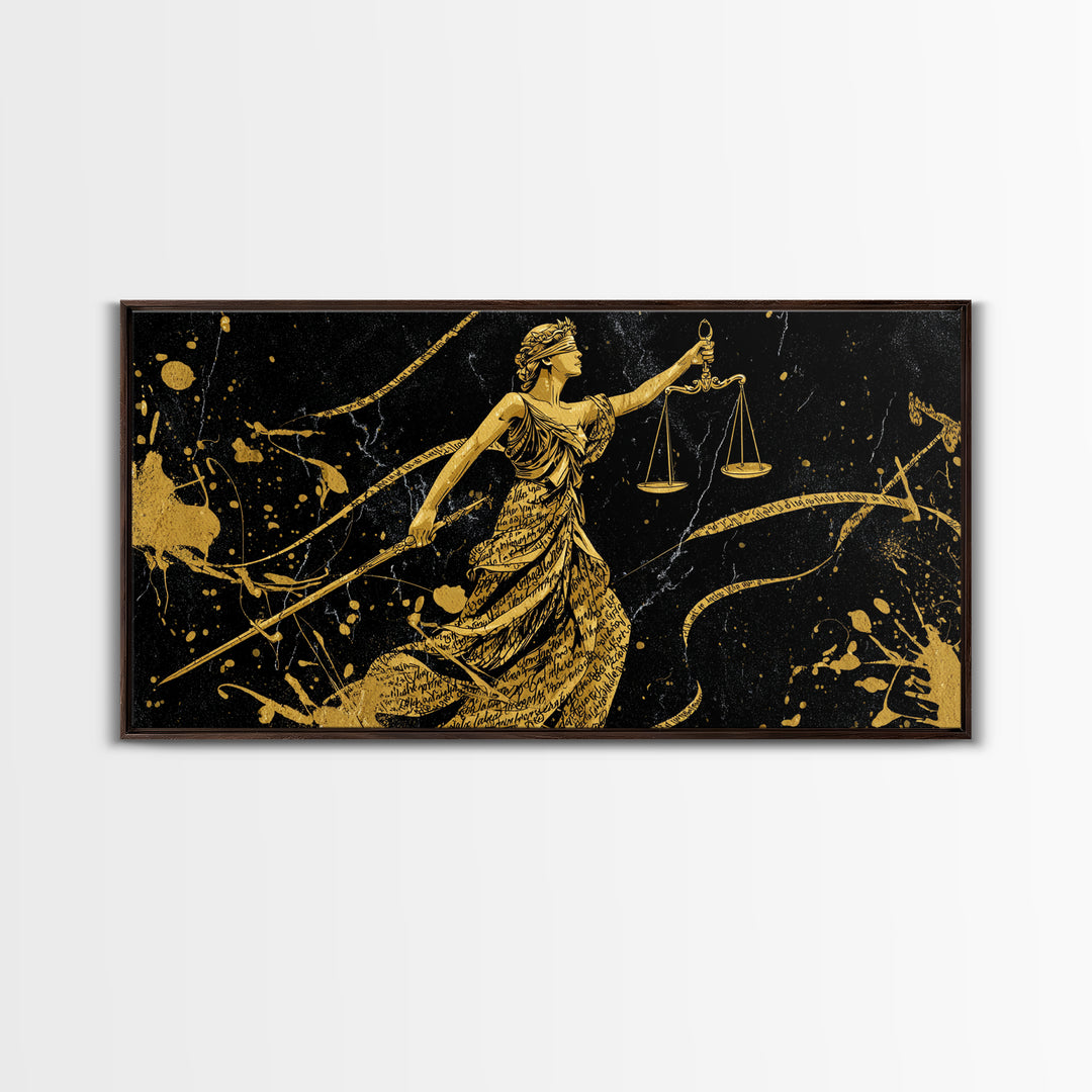 Themis Gold Canvas Print, Real Wood Framed Greek Justice Wall Art, Scales Of Justice Mythology Inspired Canvas Artwork