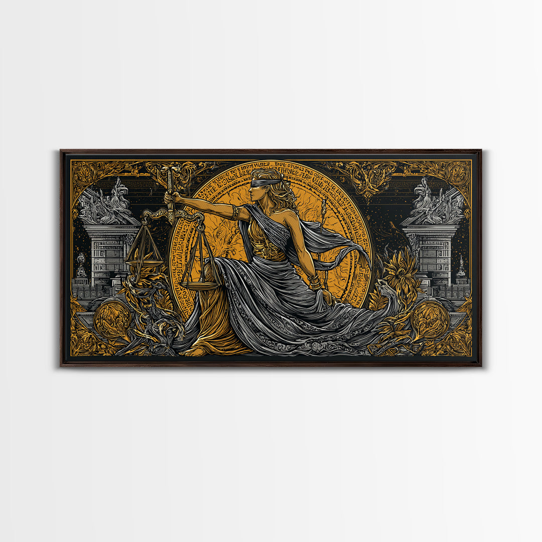 Themis Gold Canvas Print, Real Wood Framed Greek Justice Wall Decor, Blindfolded Lady With Scales Canvas Wall Artwork