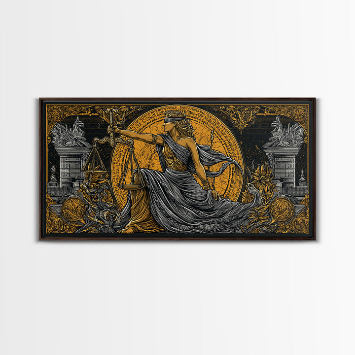 Themis Gold Canvas Print, Real Wood Framed Greek Justice Wall Decor, Blindfolded Lady With Scales Canvas Wall Artwork