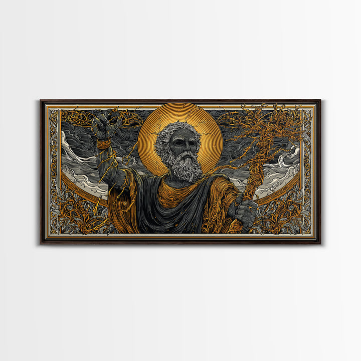 Zeus Gold Canvas Print, Real Wood Framed Greek God Of Thunder Wall Art, Lightning Bolt Mythology Decorative Canvas Artwork