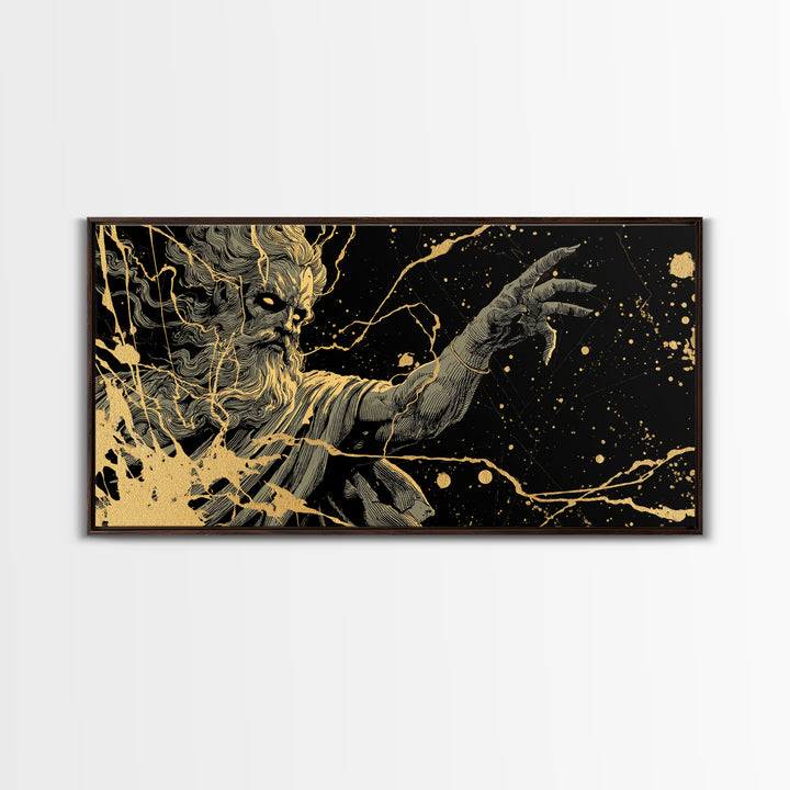 Zeus Gold Canvas Print, Real Wood Framed Greek Myth Wall Art, Lightning And Storm Luxury Decorative Canvas Artwork