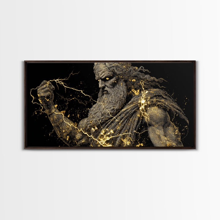 Zeus Gold Canvas Print, Real Wood Framed Greek Mythology Wall Art, Crowned Figure With Flowing Hair Decorative Artwork