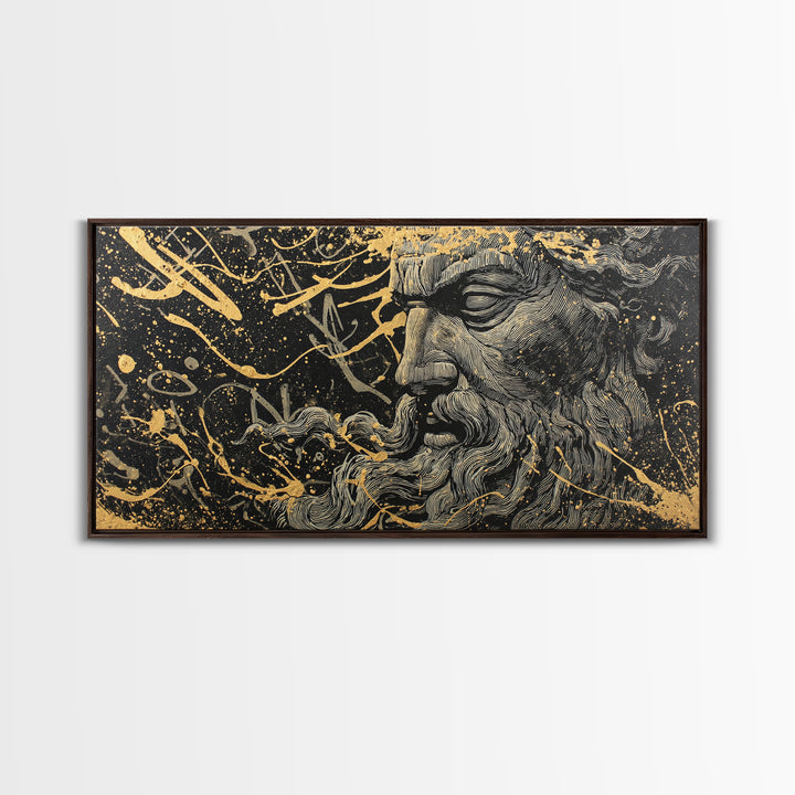 Zeus Gold Canvas Print, Real Wood Framed Greek God Wall Art, Mythological Bearded Portrait Luxury Decorative Artwork