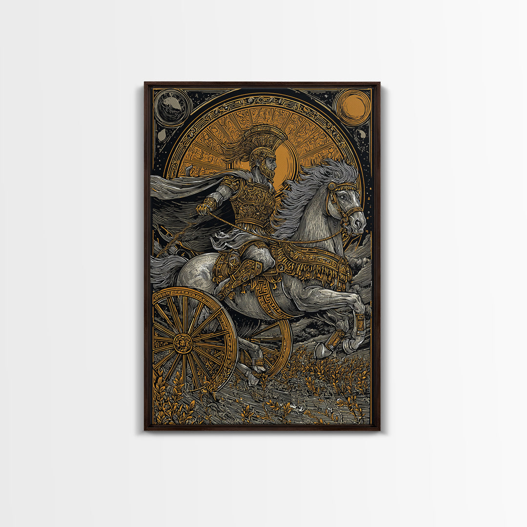 Roman Chariot Warrior with Celestial Disc – Canvas Gold Art Print, Classical Battle Scene Canvas Art, Ancient Rome Wall Decor