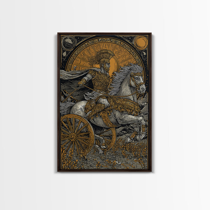 Roman Chariot Warrior with Celestial Disc – Canvas Gold Art Print, Classical Battle Scene Canvas Art, Ancient Rome Wall Decor